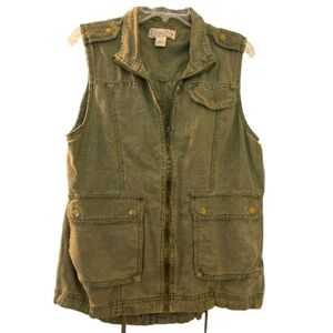 LUCKY BRAND vest, army green soft denim, sz Large,pockets, drawstring bottom,zip